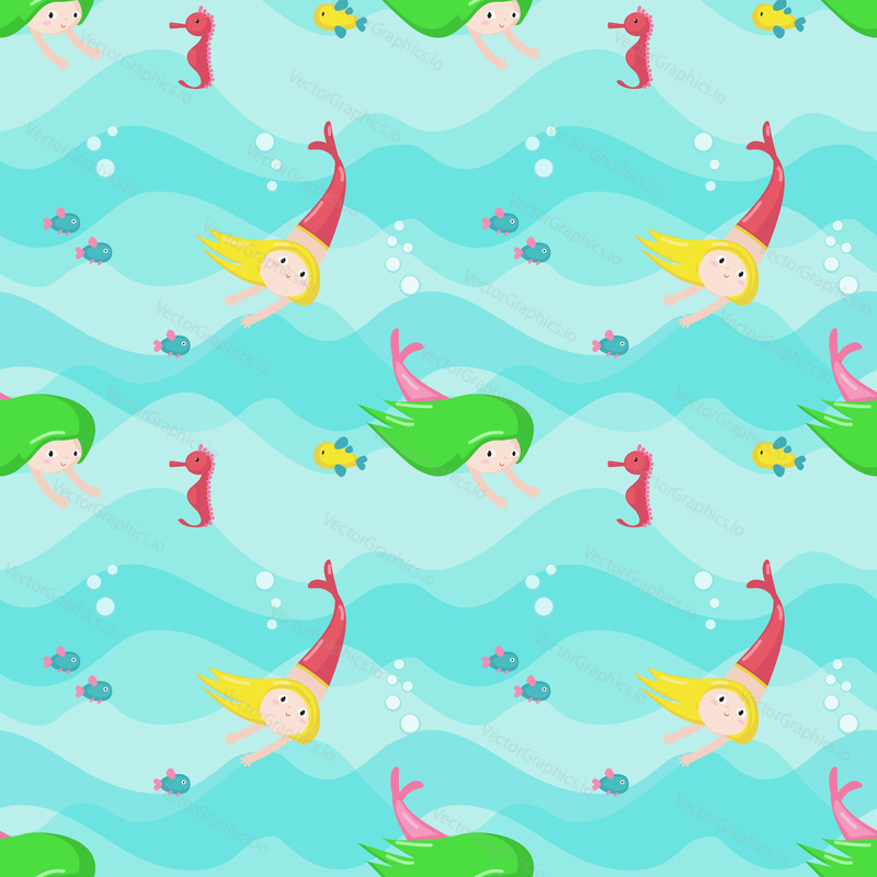 Vector seamless pattern with cute mermaids and marine animals. Beautiful swimming girls with fish and seahorse. Childish mermaid background, wallpaper, fabric, wrapping paper.