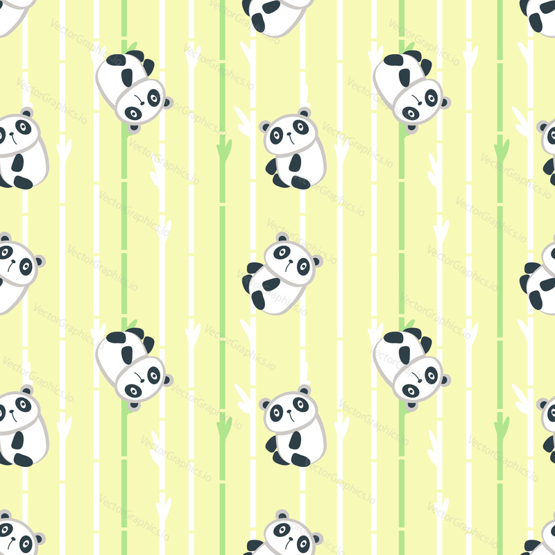 Vector seamless pattern with cute panda and bamboo tree branches. Funny animals background, wallpaper, fabric, wrapping paper.