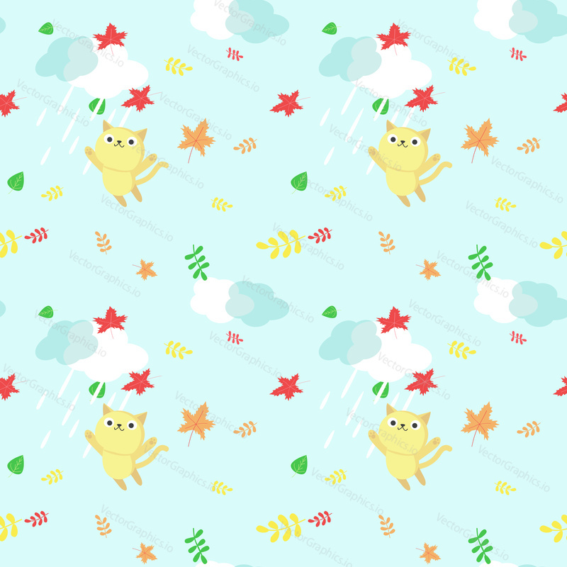 Vector seamless pattern with cute cats having fun under rain, autumn leaves. Funny autumn cats background, wallpaper, fabric, wrapping paper.