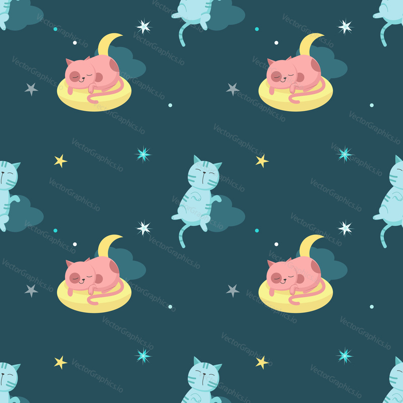 Vector seamless pattern with cute sleeping cats and night starry sky. Funny sleeping animals background, wallpaper, fabric, wrapping paper.