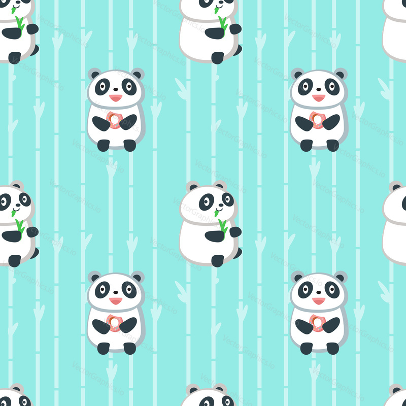 Vector seamless pattern with cute pandas eating bamboo leaves and donuts. Funny eating animals background, wallpaper, fabric, wrapping paper.