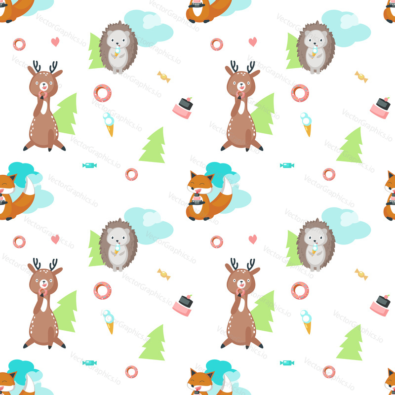 Vector seamless pattern with cute hedgehog, fox and deer eating cake, ice cream and donuts. Funny eating animals background, wallpaper, fabric, wrapping paper.
