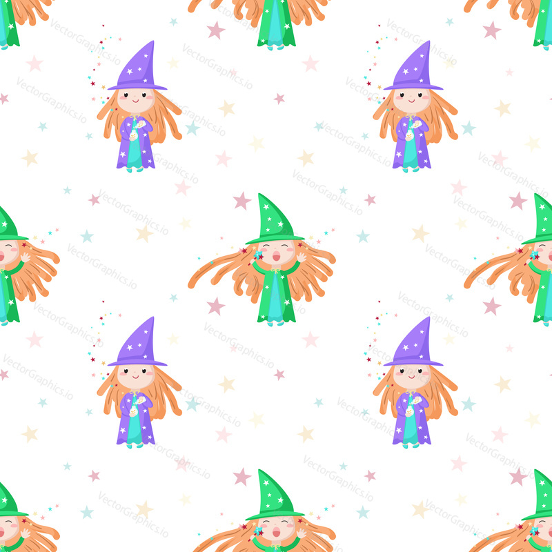 Vector seamless pattern with cute little girls, mythical creatures and fairy tale characters doing magic with magic wand and potion. Childish enchantress background, wallpaper, fabric, wrapping paper.