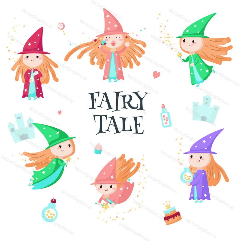 Cute enchantress icon set. Vector illustration isolated on white background. Beautiful little girls, mythical creatures and fairy tale characters doing magic using with magic wand and potion.