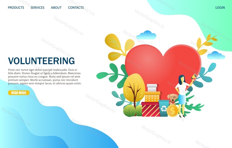 Volunteering vector website template, web page and landing page design for website and mobile site development. Volunteer services concept.