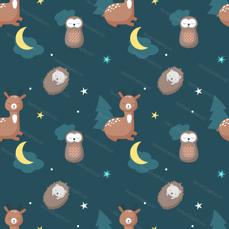 Vector seamless pattern with cute sleeping hedgehog, owl and deer, night starry sky. Funny sleeping animals background, wallpaper, fabric, wrapping paper.