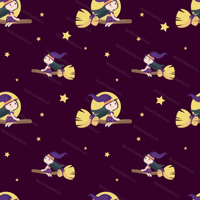 Vector seamless pattern with cute little witch riding her broomstick across full moon. Halloween background, wallpaper, fabric, wrapping paper.