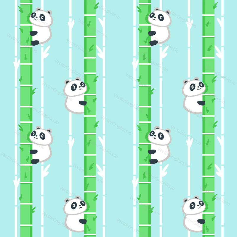 Vector seamless pattern with cute panda climbing bamboo tree. Funny animals background, wallpaper, fabric, wrapping paper.