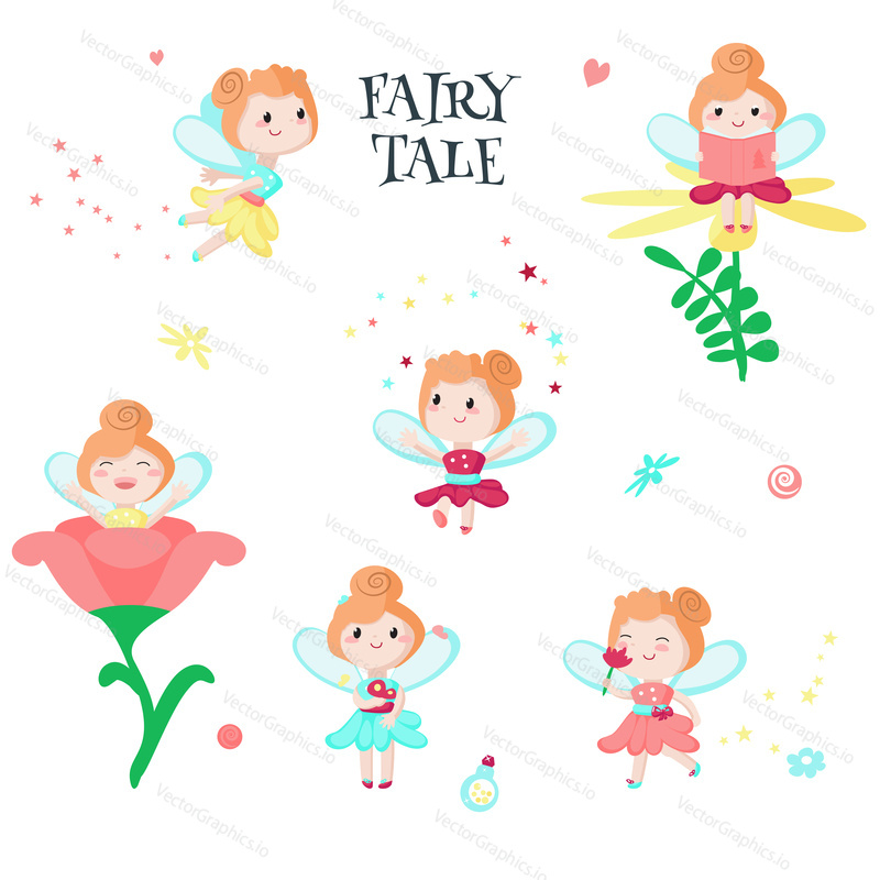 Cute fairy icon set. Vector illustration isolated on white background. Beautiful little girls, mythical creatures and fairy tale characters with wings sitting on flower, reading book, flying etc.