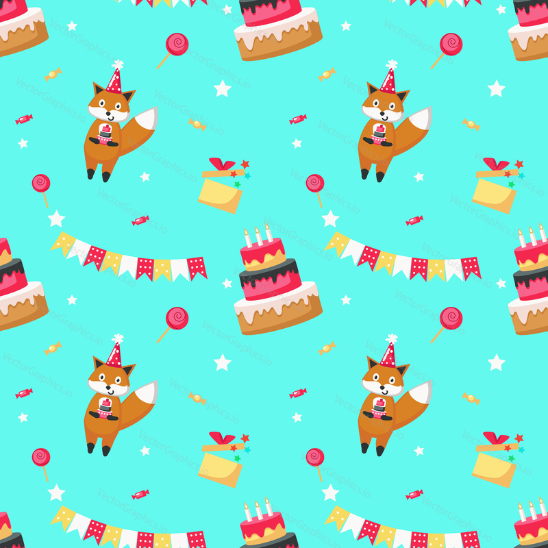 Vector seamless pattern with cute fox wearing party hat, holding cake and gift boxes, lollipops, garlands party pennants. Happy birthday background, wallpaper, fabric, wrapping paper.