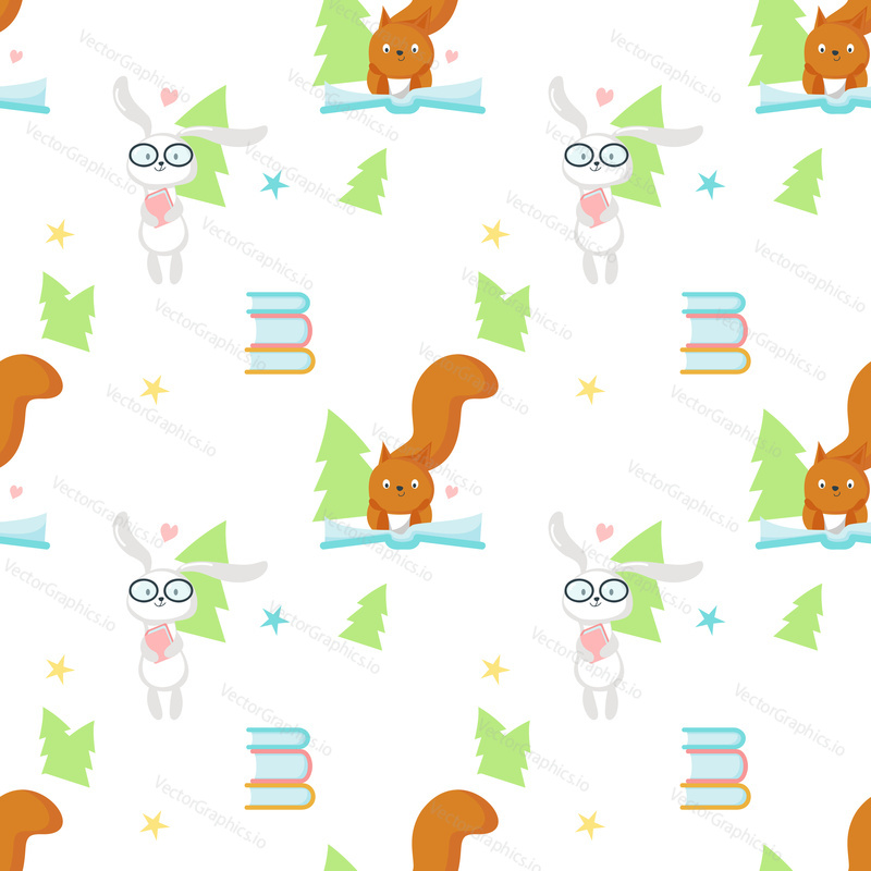 Vector seamless pattern with cute squirrel and bunny reading books. Funny reading animals background, wallpaper, fabric, wrapping paper.