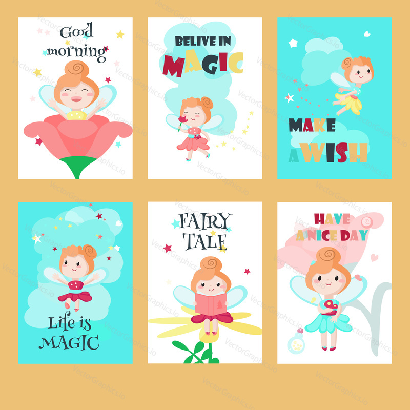 Vector set of cards with cute fairies and inspirational quotations. Beautiful little girls, mythical creatures and fairy tale characters with wings sitting on flower, reading book, flying etc.