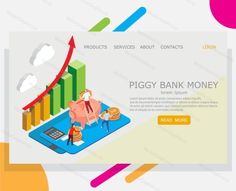 Piggy bank money vector website template, web page and landing page design for website and mobile site development. Bank deposit, business investment, savings funds concepts.