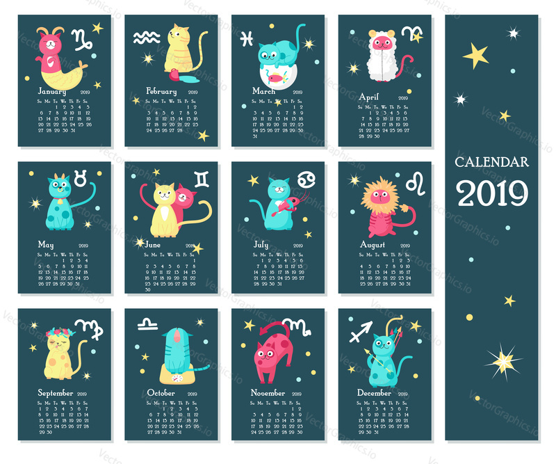 Year 2019 zodiac calendar vector template. Yearly calendar showing months with twelve cute cats astrological signs. Week starts on Sunday.