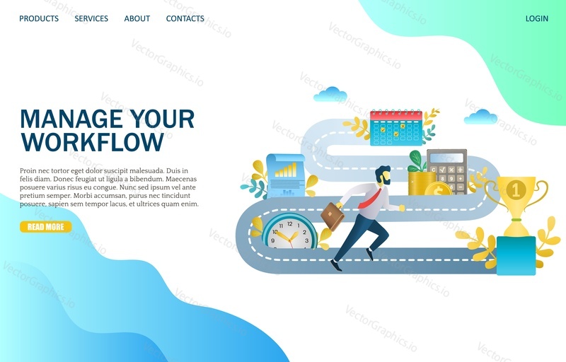 Manage your workflow vector website template, web page and landing page design for website and mobile site development. Work process management concept.