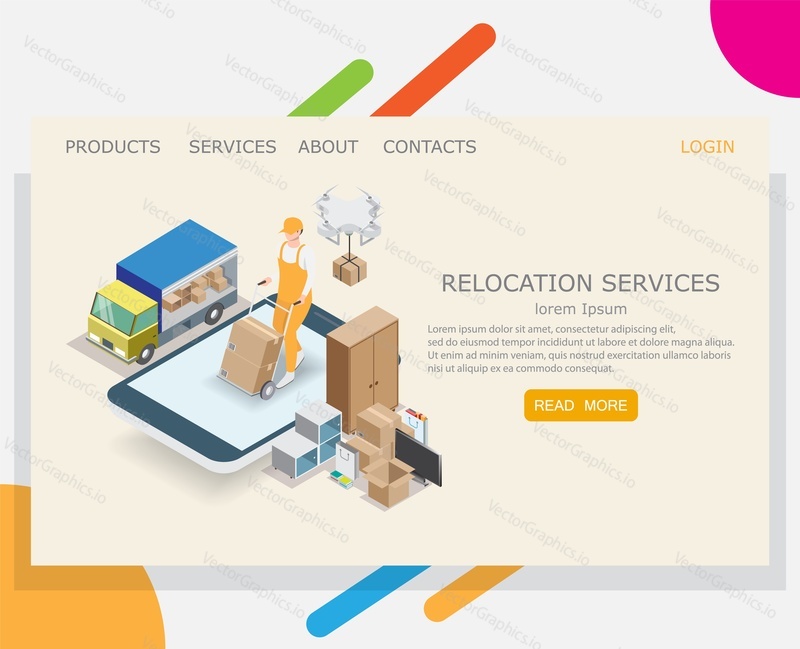 Relocation service vector website template, web page and landing page design for website and mobile site development. Online moving or relocation services concept.