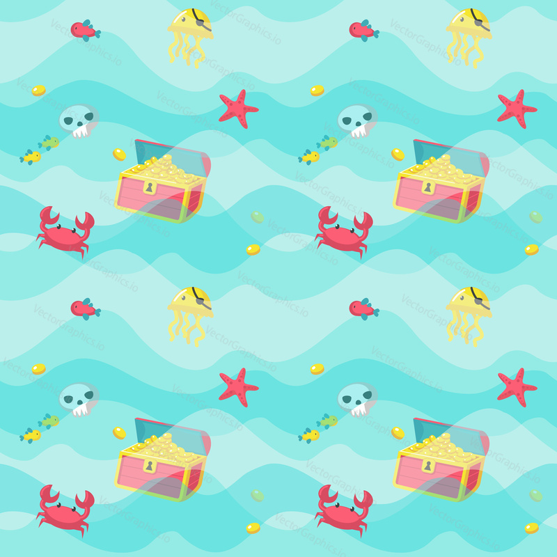 Vector seamless pattern with pirate accessories and marine animals. Jellyfish in eye patch, crab, fish, starfish, treasure chest and skull. Childish pirate background wallpaper fabric wrapping paper.