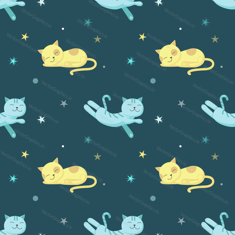 Vector seamless pattern with cute sleeping cats, night starry sky. Funny sleeping animals background, wallpaper, fabric, wrapping paper.