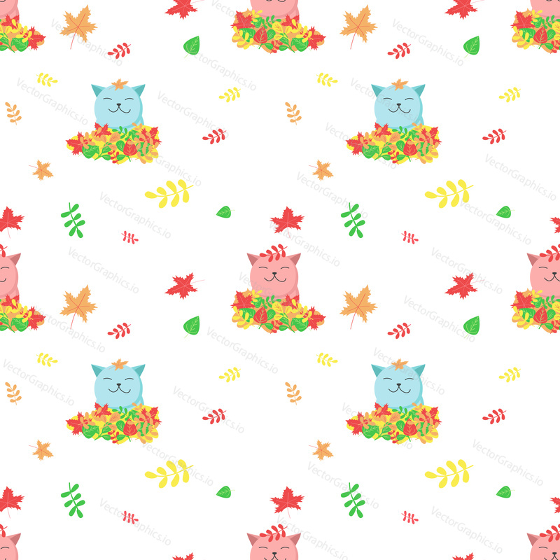 Vector seamless pattern with cute cats and autumn leaves. Funny autumn cats background, wallpaper, fabric, wrapping paper.
