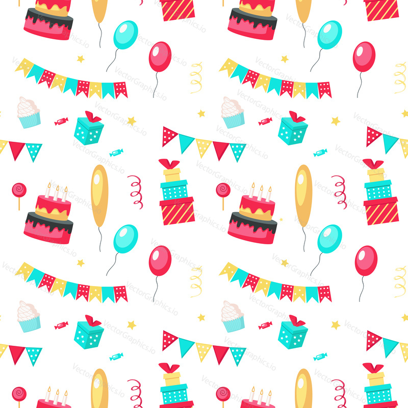 Vector seamless pattern with party decorations. Birthday cake, sweets, gift boxes, balloons and party flags. Happy birthday background, wallpaper, fabric, wrapping paper.