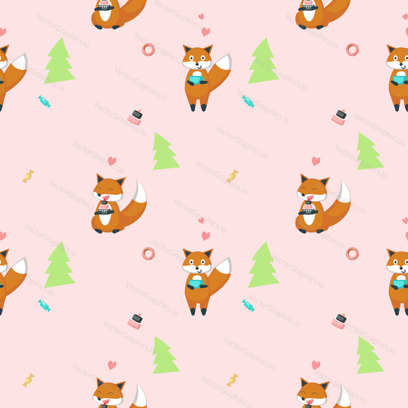 Vector seamless pattern with cute foxes with cake and cup of tea. Funny animals background, wallpaper, fabric, wrapping paper.