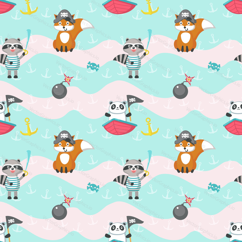 Vector seamless pattern with cute fox, raccoon and panda with pirate captain hat, eye patch, flag, sword etc. Childish pirate background, wallpaper, fabric, wrapping paper.