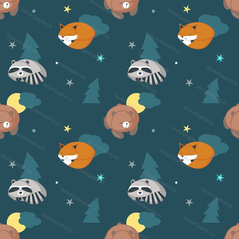 Vector seamless pattern with cute sleeping raccoon, fox and bear, night starry sky. Funny sleeping animals background, wallpaper, fabric, wrapping paper.