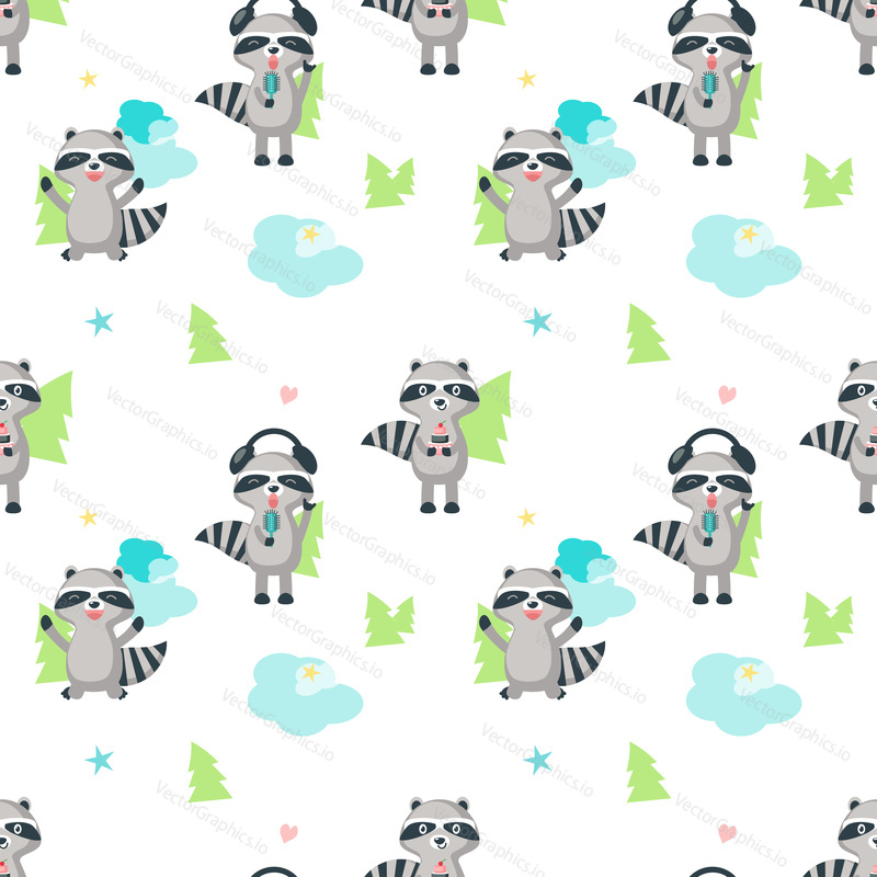 Vector seamless pattern with cute raccoons holding cake, singing with microphone and headphones and having fun. Funny raccoon background, wallpaper, fabric, wrapping paper.