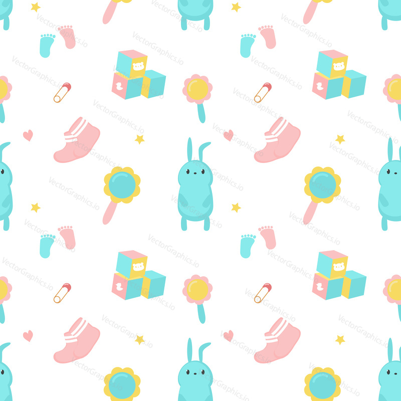 Vector seamless pattern with cute bunnies, baby toys, newborn girl booties. Baby shower background, wallpaper, fabric, wrapping paper.