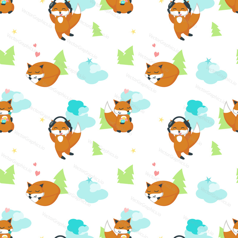 Vector seamless pattern with cute foxes holding flowers, sleeping, listening to music. Funny animals background, wallpaper, fabric, wrapping paper.