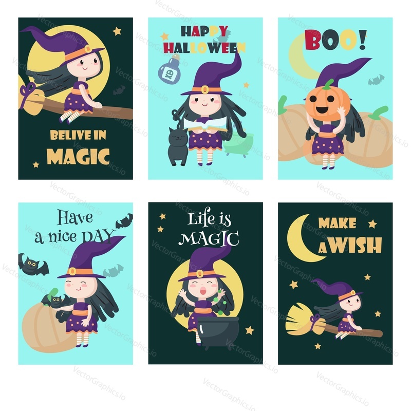 Vector set of cards with cute little witches, bats, pumpkins, cat and Halloween quotations. Pretty girls cartoon characters flying on broom, preparing potion in boiling cauldron etc.