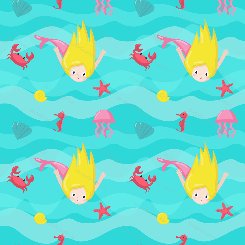 Vector seamless pattern with cute mermaids, marine animals. Beautiful swimming girls with crab, jellyfish, starfish, seashell seahorse. Childish mermaid background, wallpaper, fabric, wrapping paper.