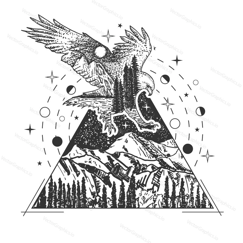 Eagle tattoo art style. Vector geometric tattoo sketch. Vintage hand drawn eagle, mountains, forest.
