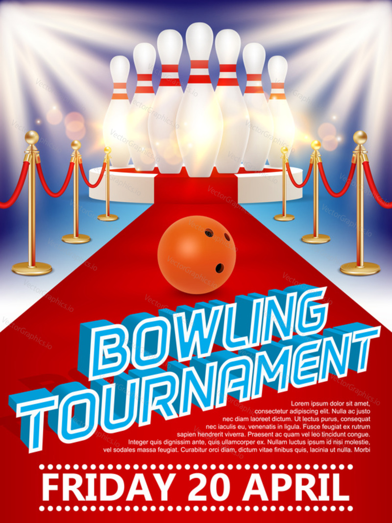 Bowling tournament poster design template. Vector realistic illustration of bowling ball, skittles, round podium with red carpet and lights.