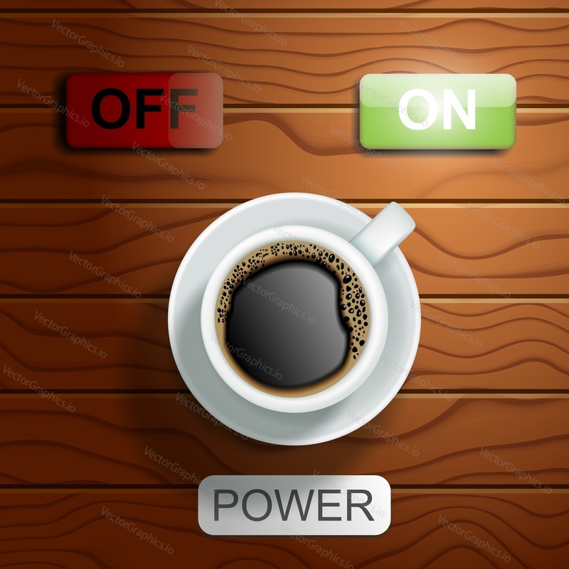 Coffee power concept vector realistic illustration. Top view cup of coffee on wood background. Coffee poster, flyer design template.