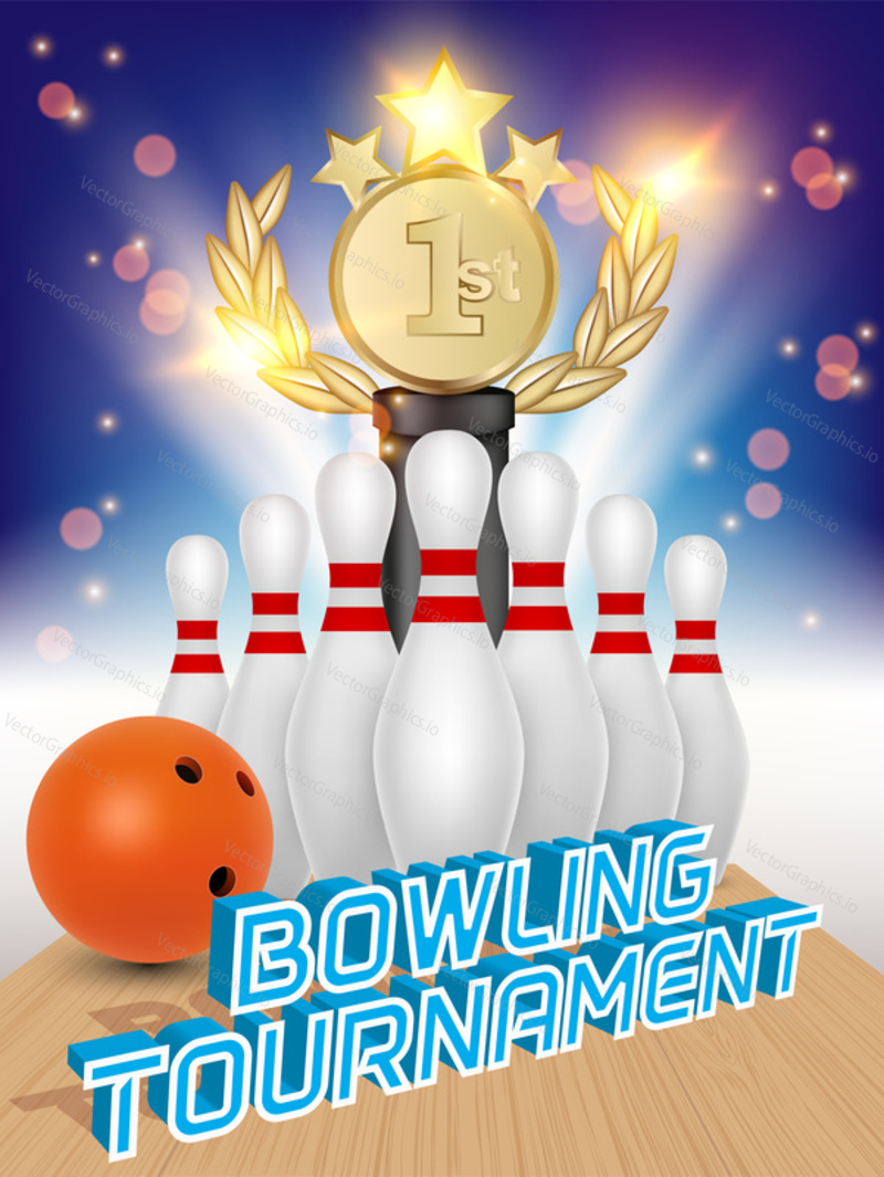 Bowling tournament poster design template. Vector realistic illustration of bowling ball, skittles, award trophy and bowling alley.