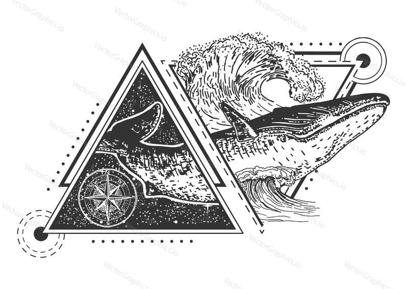 Whale tattoo art style. Vector geometric tattoo sketch. Vintage hand drawn compass rose and whale under ocean wave.