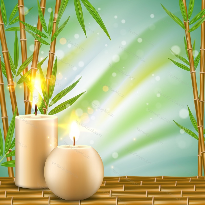 Spa background with bamboo and aroma candles. Vector realistic illustration. Spa treatment salon advertising poster.