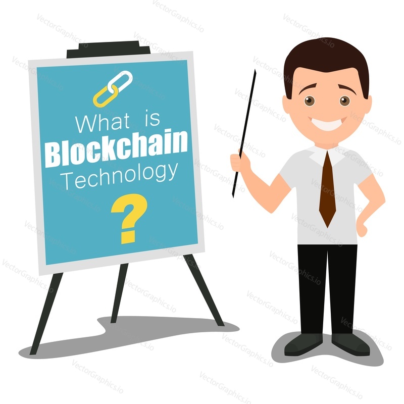 Vector illustration of businessman speaker giving presentation of what is blockchain technology using visual aids. Business conference meeting concept. Flat style design.
