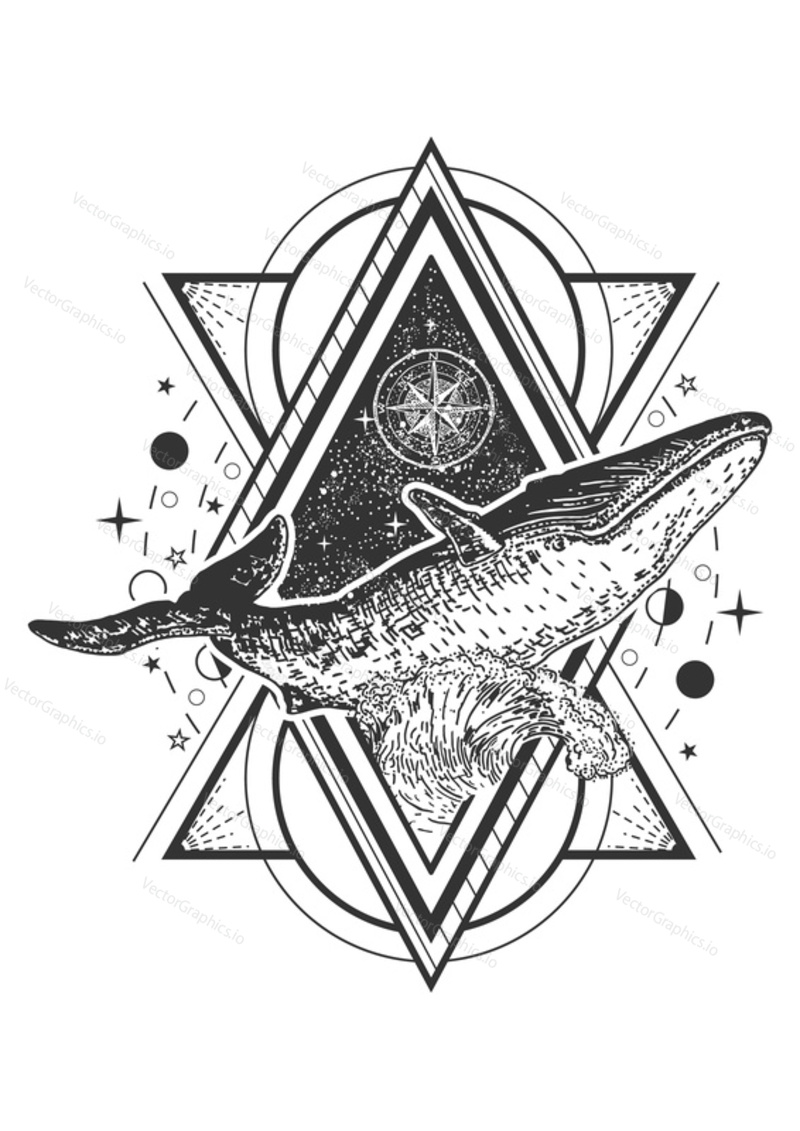 Whale tattoo art style. Vector geometric tattoo sketch. Vintage hand drawn compass rose and whale above ocean wave.