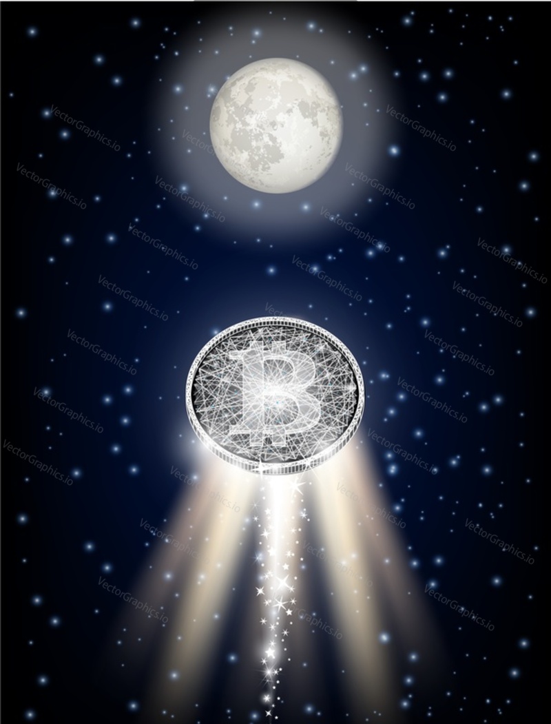 Bitcoin flying to the moon like space rocket vector illustration. Bitcoin cryptocurrency space wallpaper, poster.