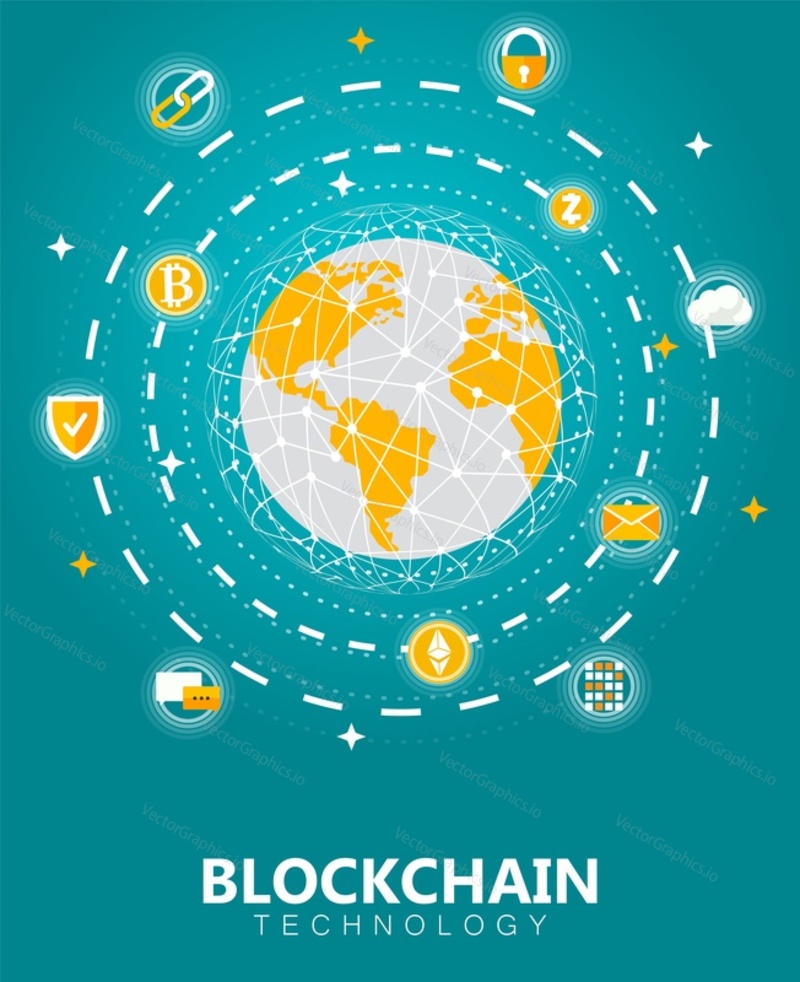 Blockchain digital tech concept vector illustration. Cryptocurrency and blockchain network technology banner, poster design template.