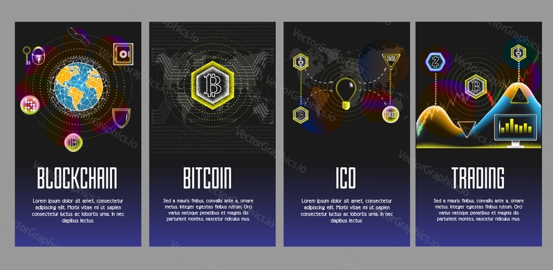 Cryptocurrency and blockchain poster, banner set. Vector glowing neon light illustration. Blockchain, Bitcoin, Ico and Trading concept design elements.