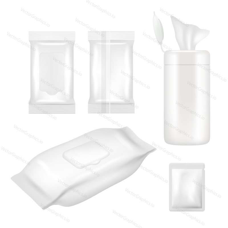 Wet wipes package mockup set. Vector realistic white blank packaging foil and plastic containers with flap for wet wipes isolated on white background.