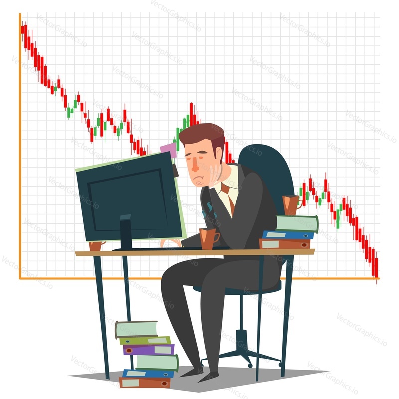 Stock market, investment and trading concept vector illustration. Candlestick chart and sad businessman unhappy trader looking at computer monitor while sitting at trader desk.