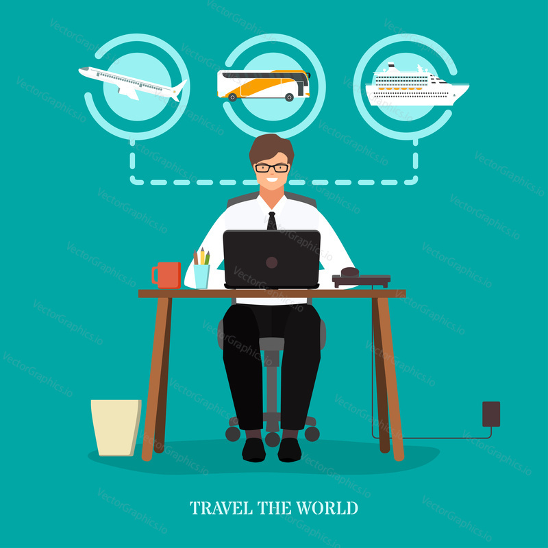 Travel the world concept vector illustration. Travel agency male at work, traveling means of transport airplane, coach bus and cruise ship icons. Flat style design.