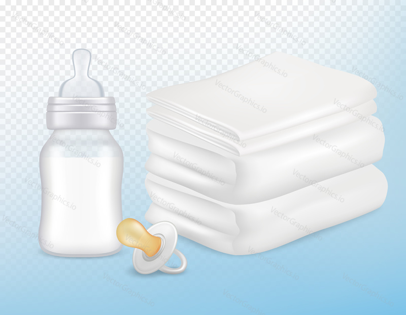 Baby care accessories mock up set. Vector realistic illustration of white towels, pacifier, newborn baby milk bottle with silicone nipple isolated on transparent background.