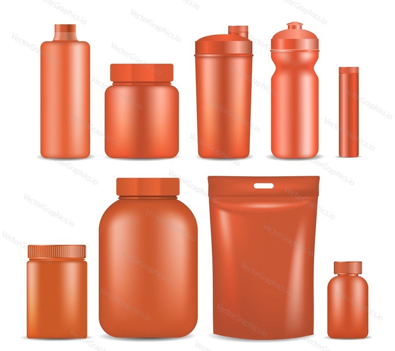 Sport nutrition container packaging mock up set. Vector realistic illustration of blank red plastic jars, foil packages, water bottles, cocktail shakers isolated on white background.