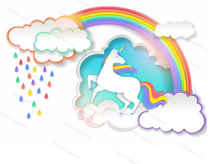 Cute unicorn, magical creature with single horn, rainbow and rainy clouds. Vector illustration in modern paper art style.
