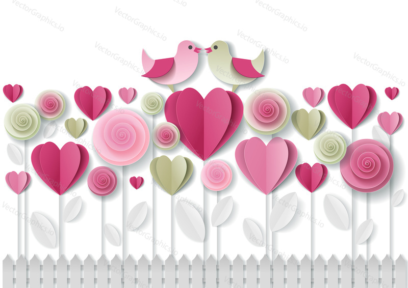 Vector paper cut illustration of pink roses, heart shaped flowers and birds. Greeting card design for Valentines Day in paper art style.